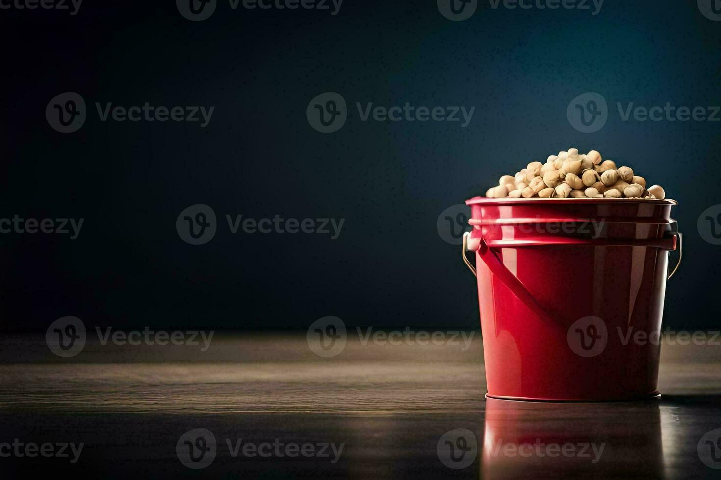 a red bucket filled with peanuts on a wooden table. AI-Generated photo