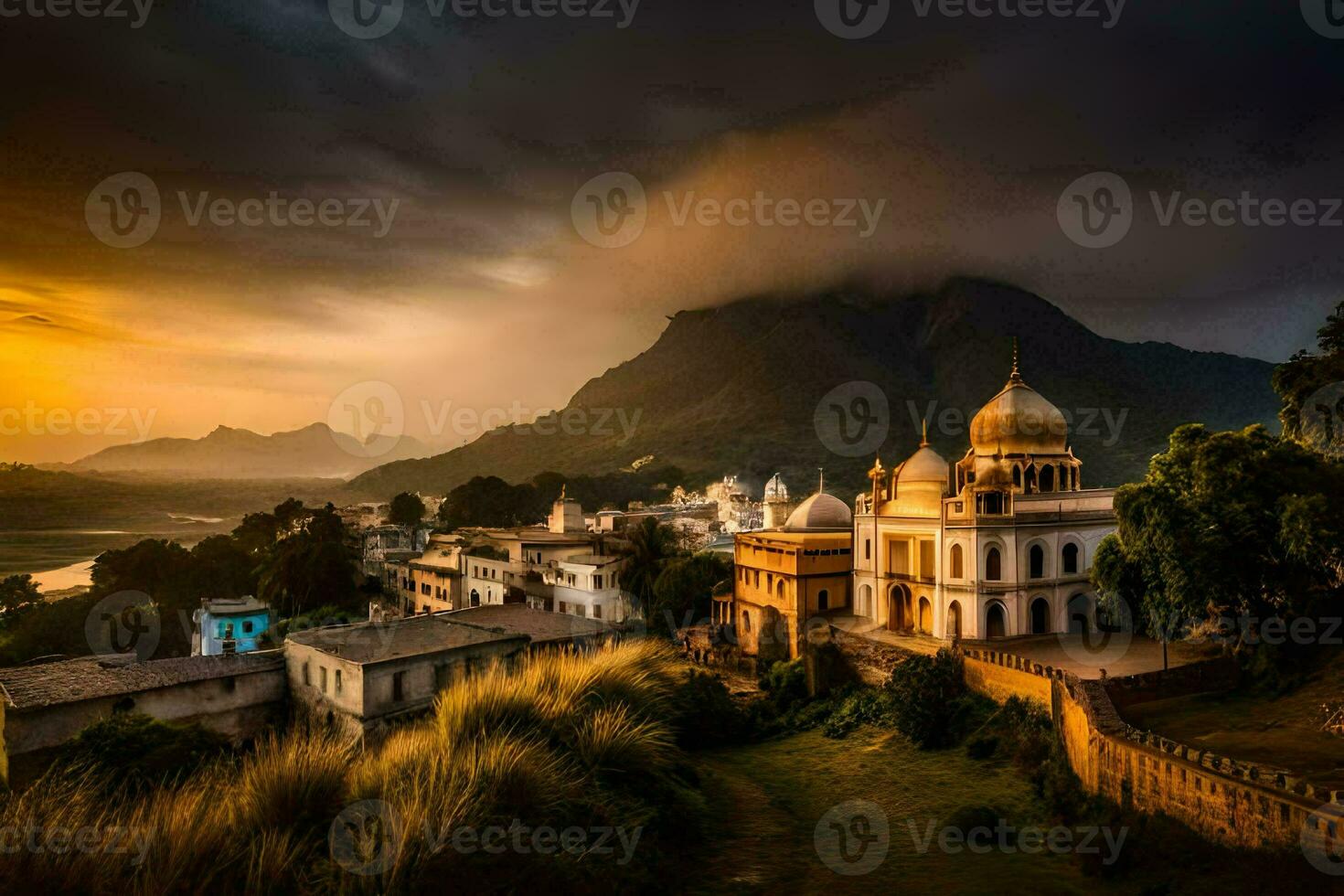 the sun sets over a town in india. AI-Generated photo