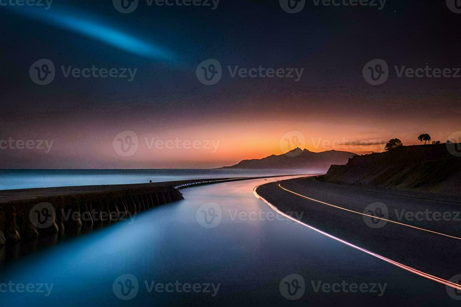 a long exposure photograph of a road and ocean at sunset. AI-Generated photo