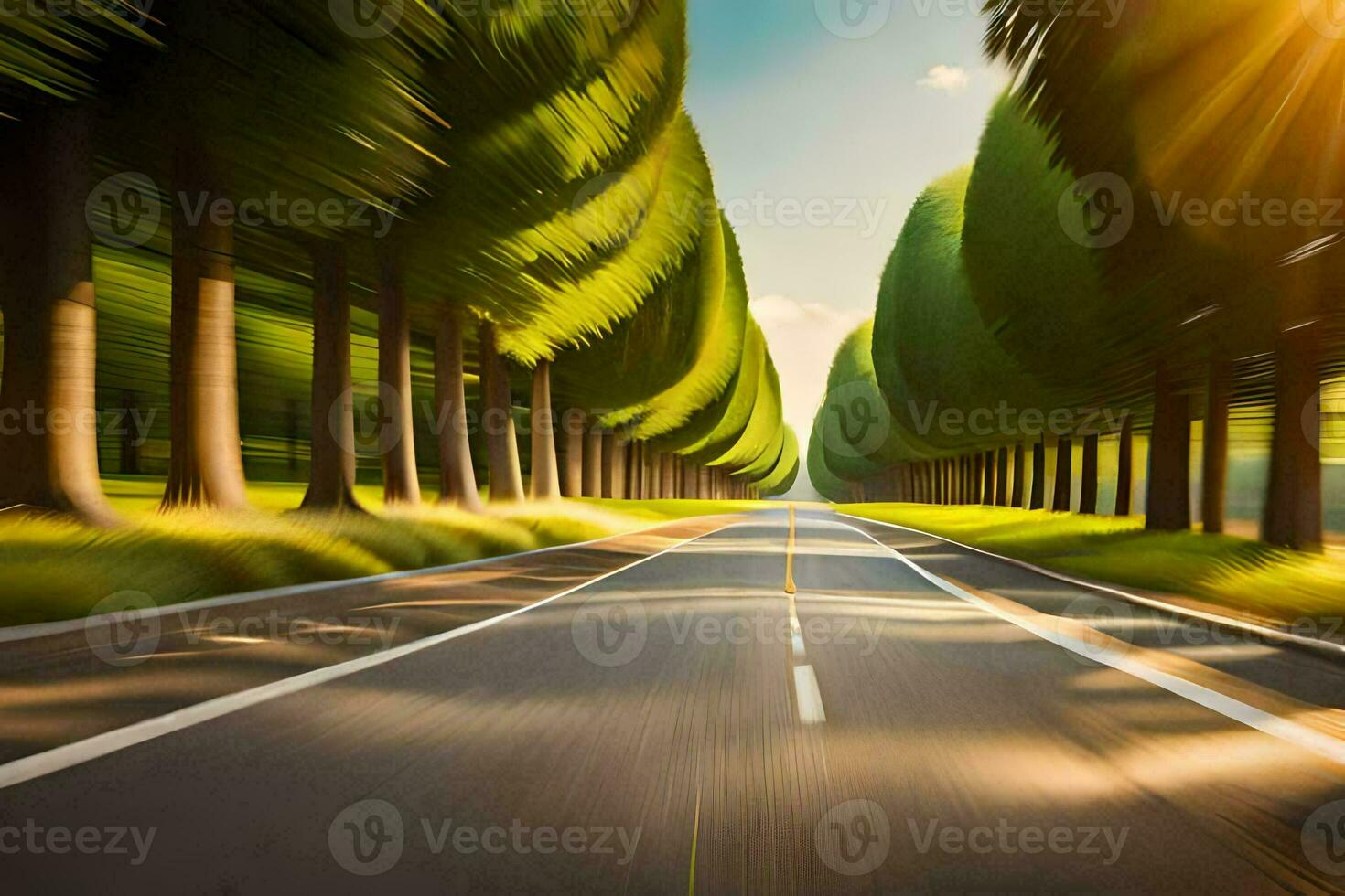 a road with trees and sun shining in the background. AI-Generated photo