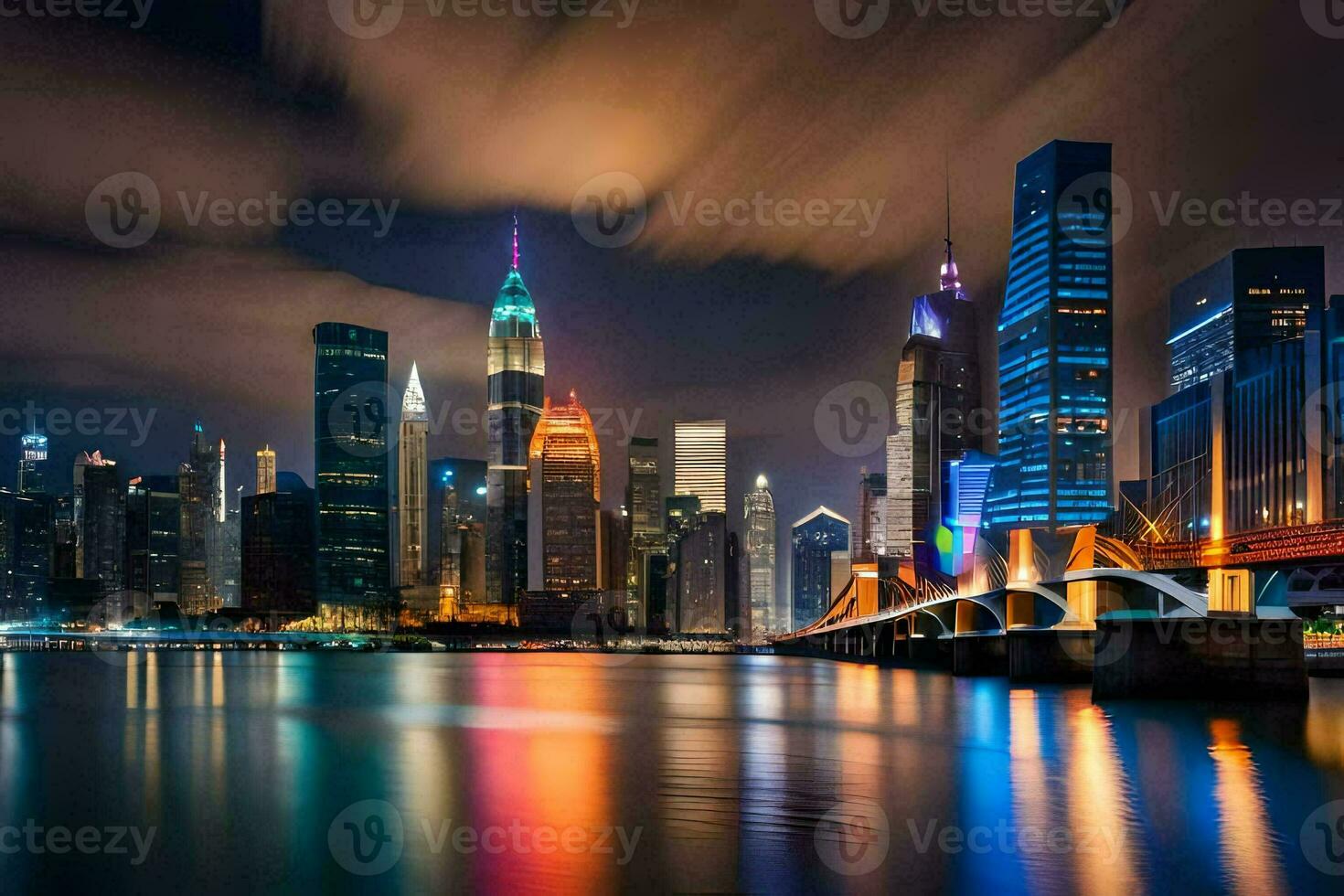 the city skyline at night with a bridge over water. AI-Generated photo