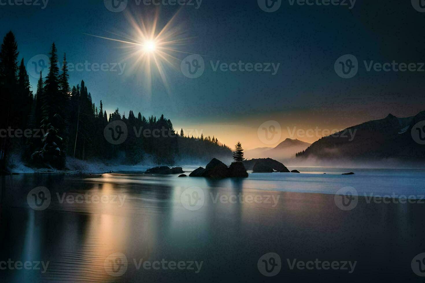 a beautiful sunset over a lake and trees. AI-Generated photo