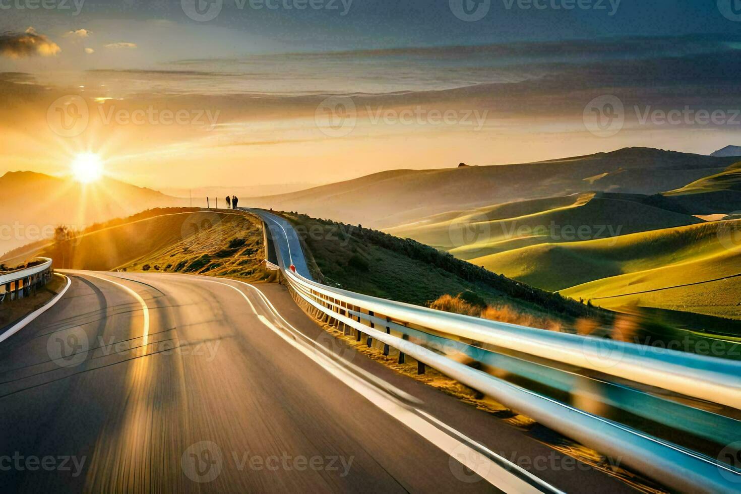 a road with the sun setting over the hills. AI-Generated photo