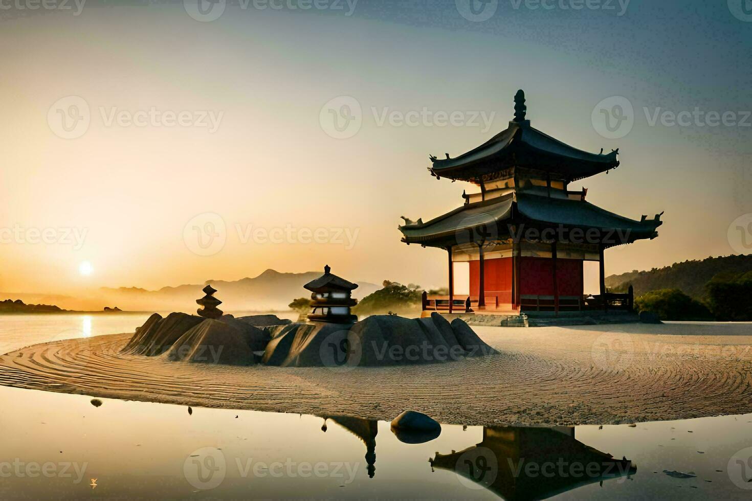 a pagoda sits on the sand at sunset. AI-Generated photo