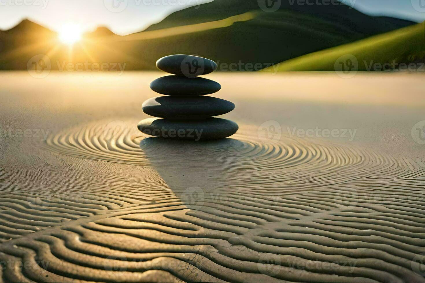 a stack of rocks in the sand with the sun setting behind them. AI-Generated photo