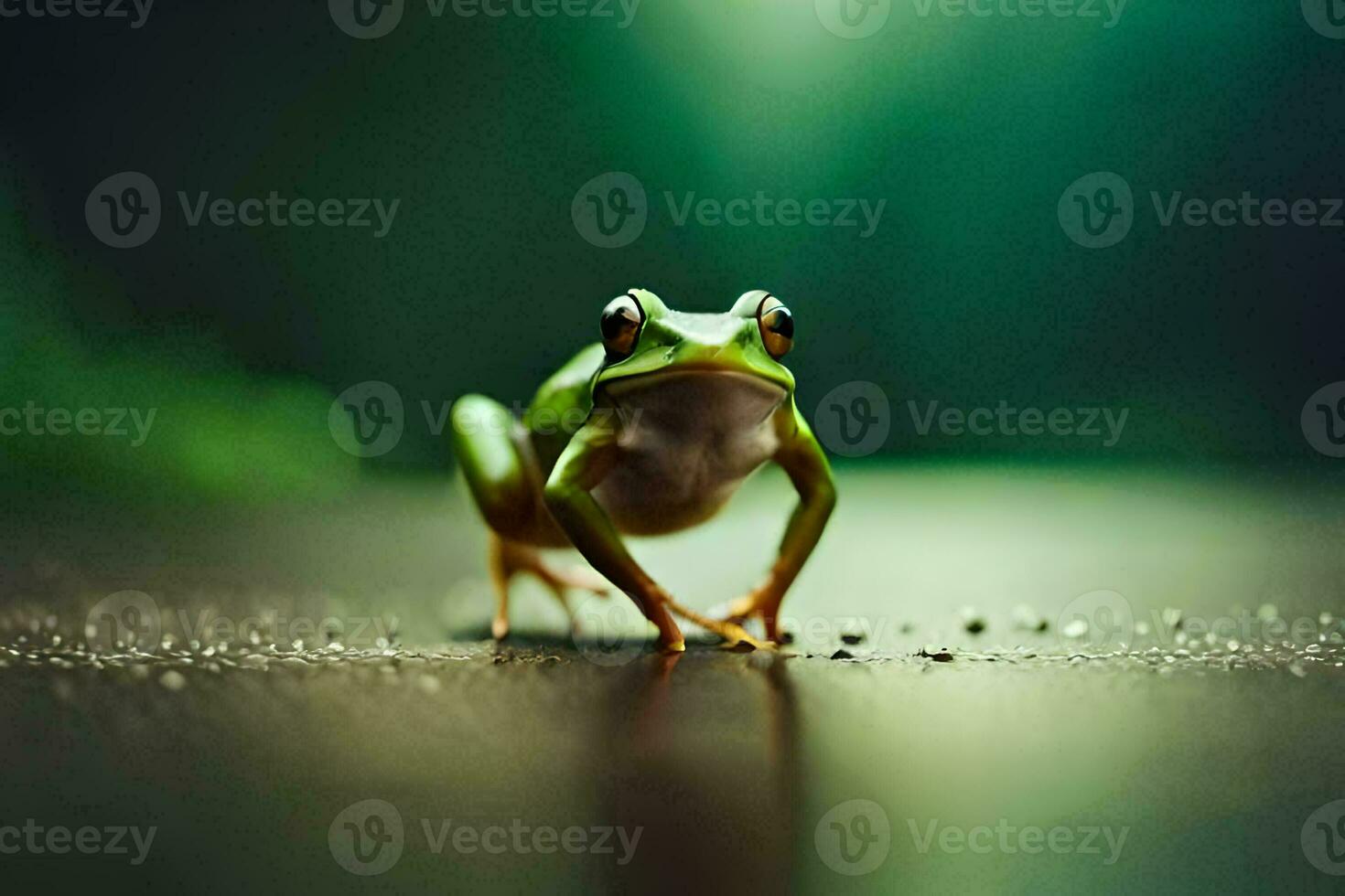 a frog is standing on the ground with a green background. AI-Generated photo