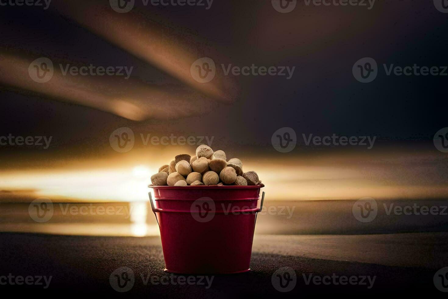 a bucket of peanuts sitting on the beach at sunset. AI-Generated photo