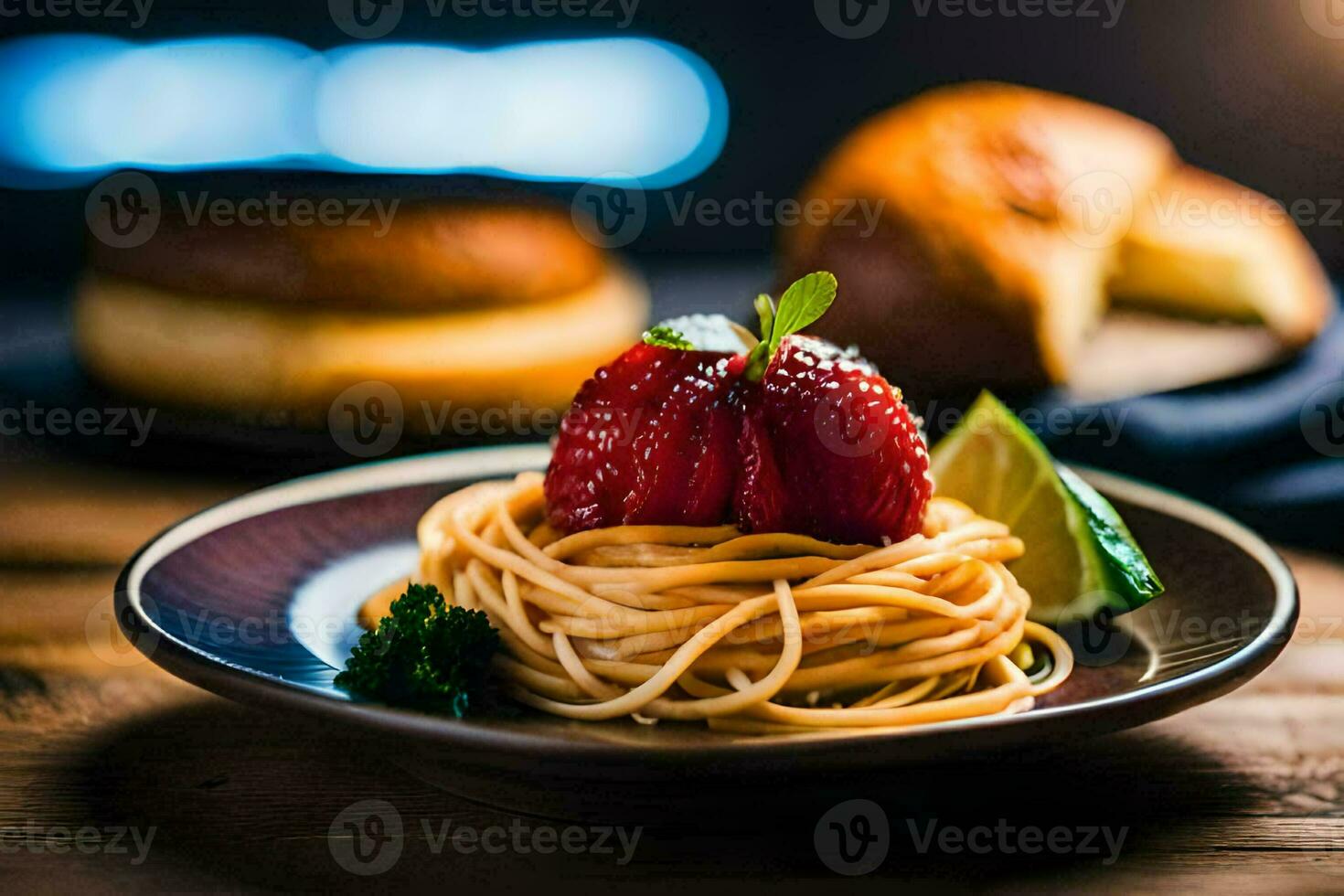 spaghetti with strawberries and lime on a plate. AI-Generated photo