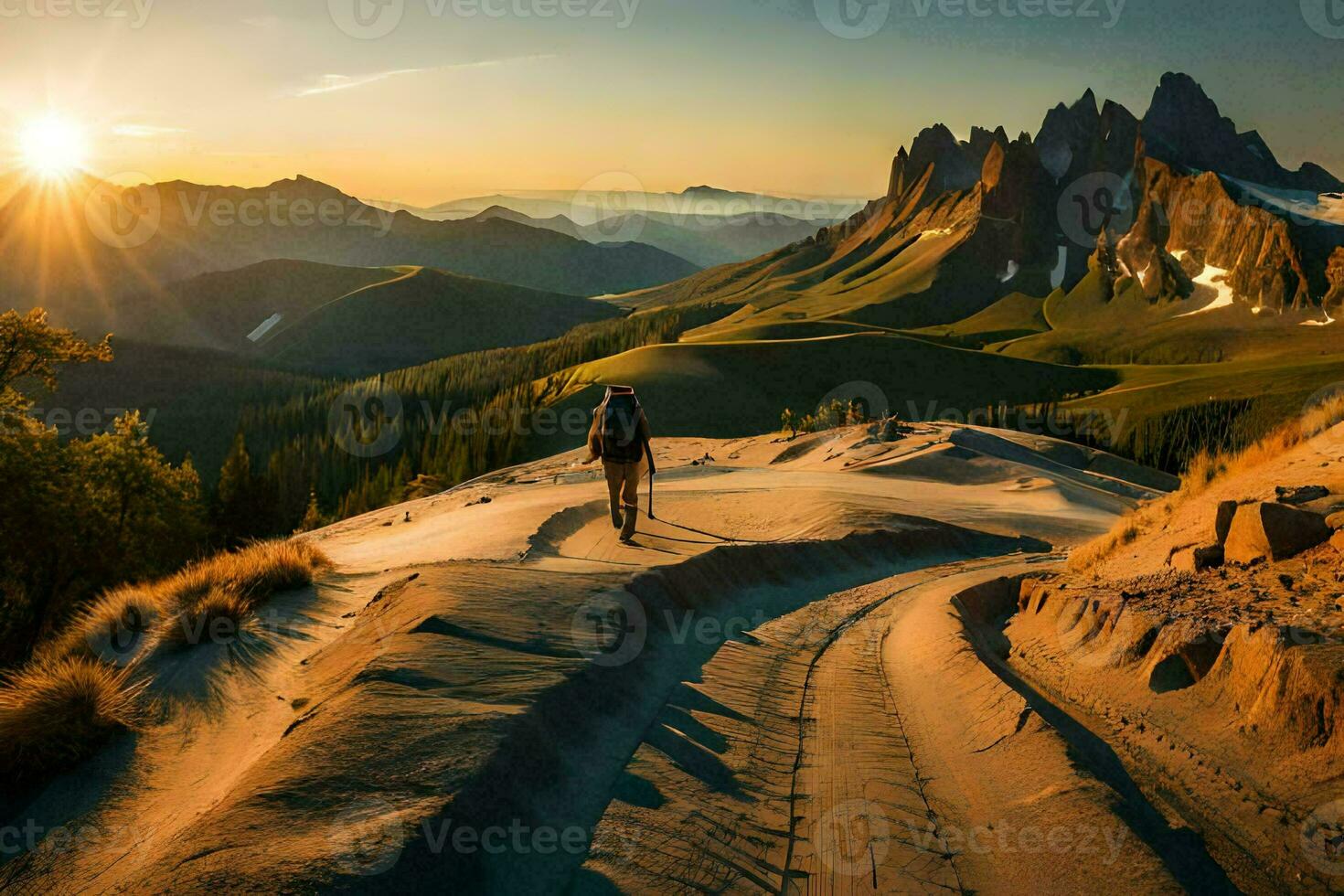 a person walking on a path in the mountains. AI-Generated photo