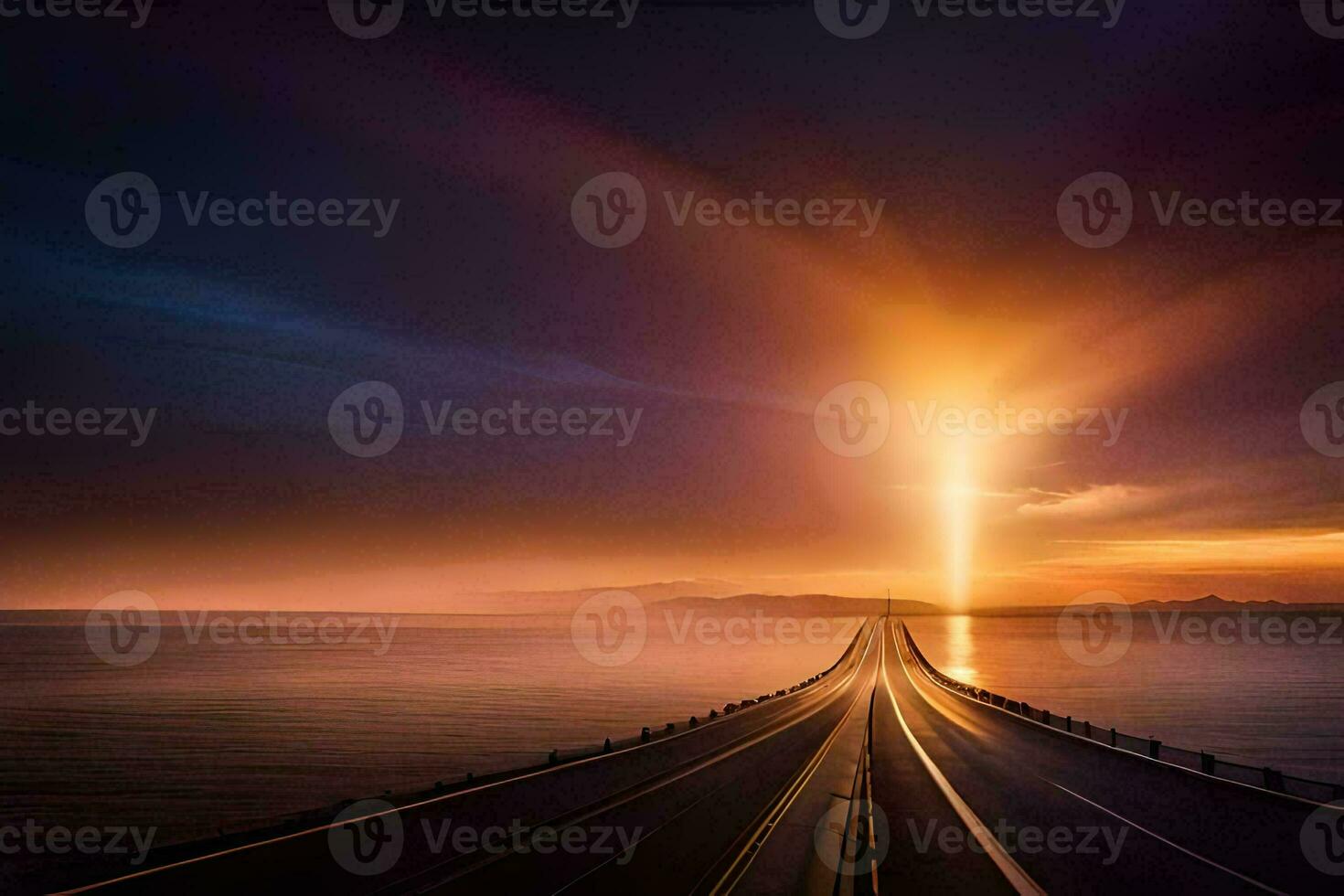 a long bridge with a light shining down on it. AI-Generated photo