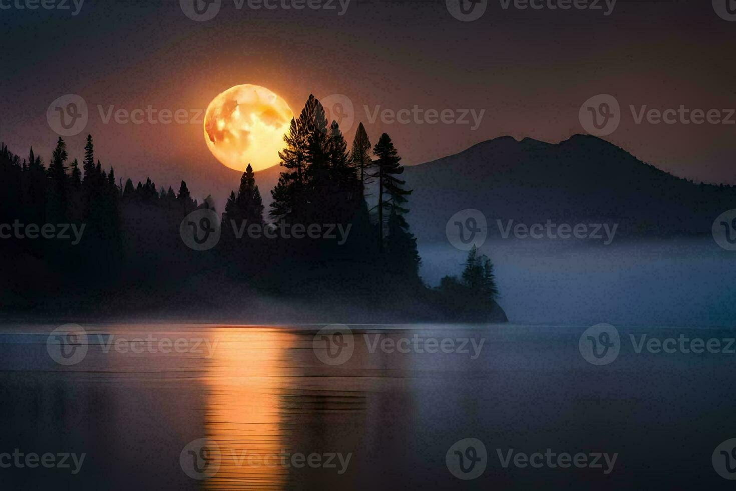 a full moon rises over a lake with trees and mountains. AI-Generated photo