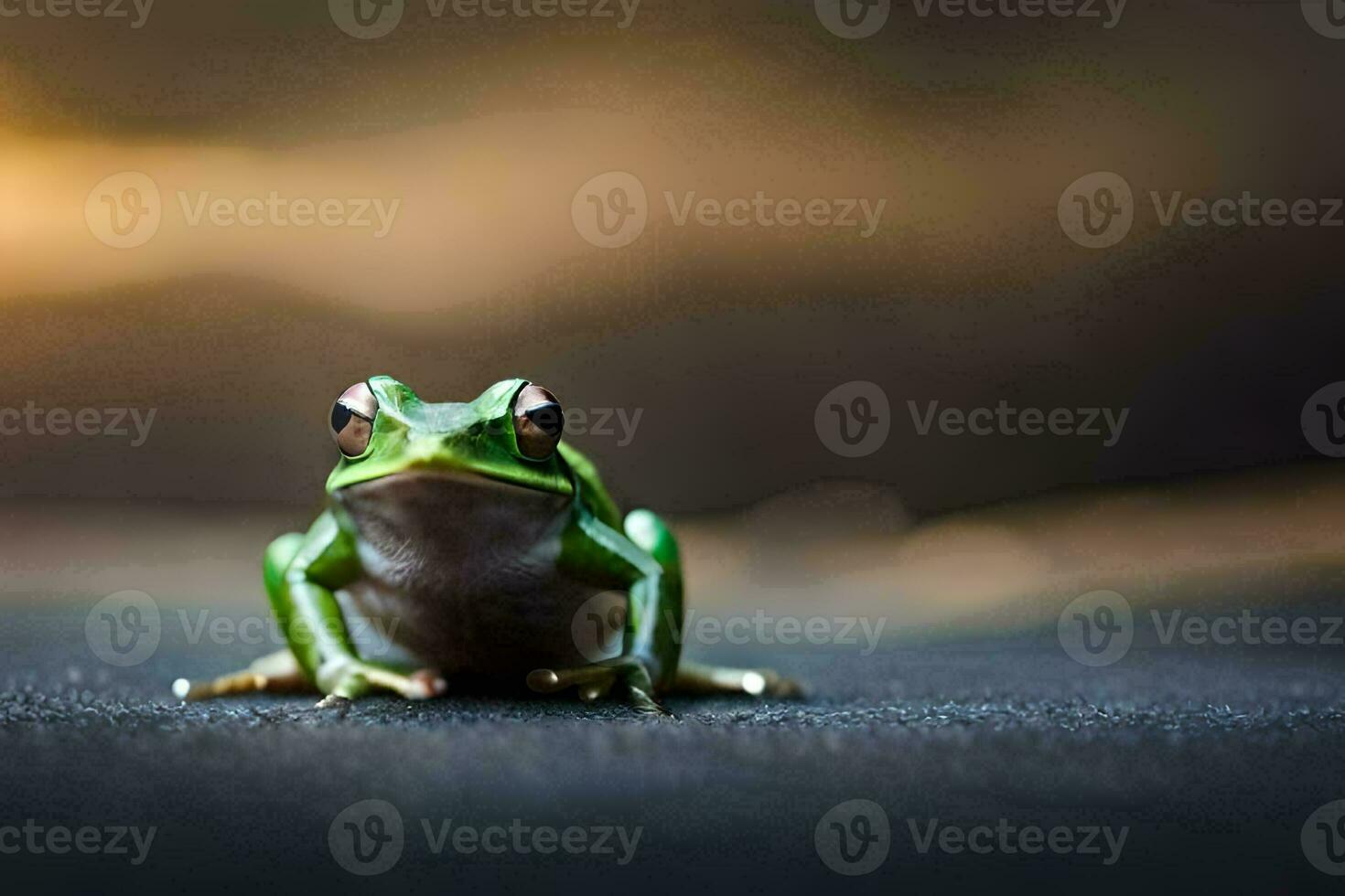 a frog sitting on the ground with a blurry background. AI-Generated photo