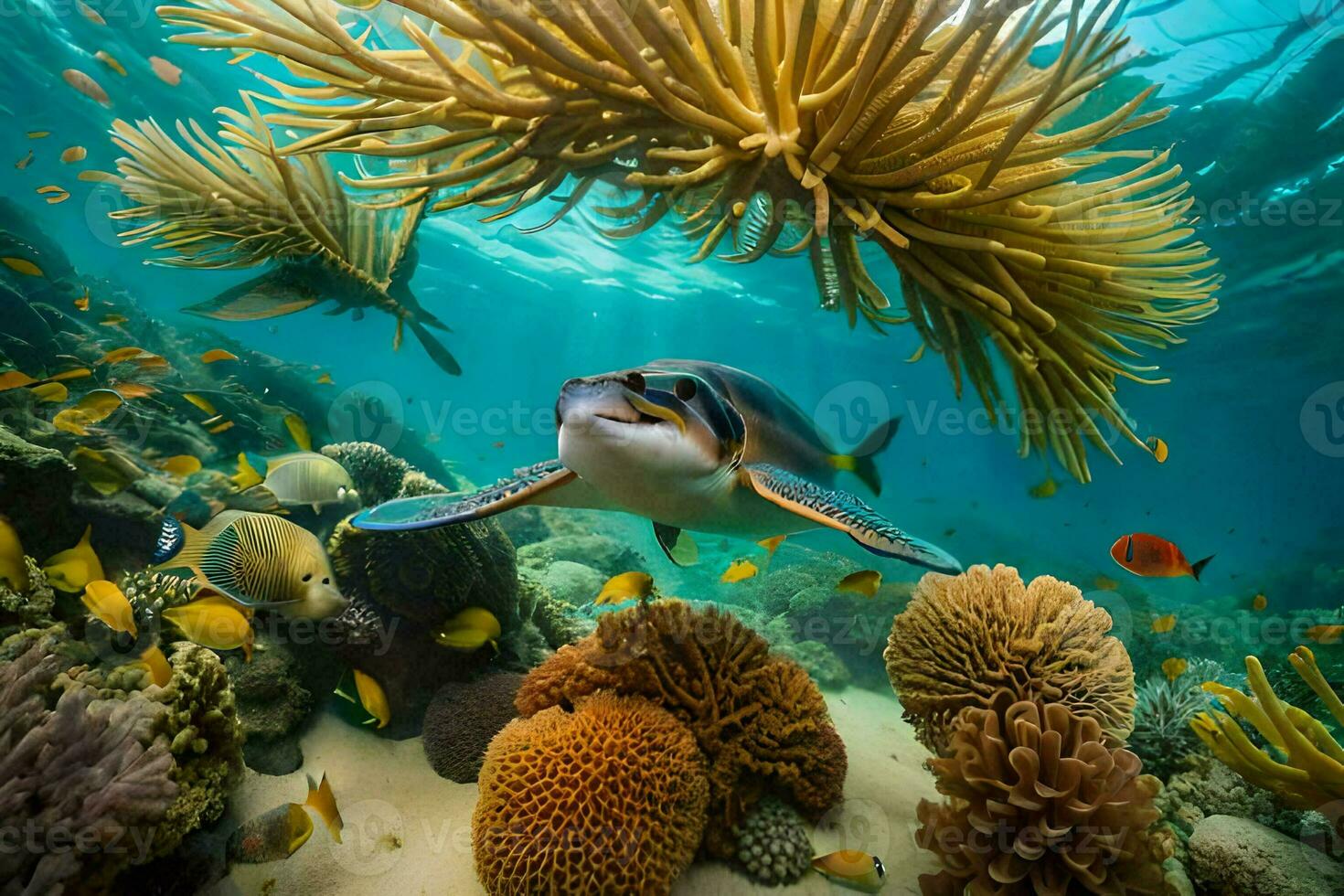 un Tortuga nadando terminado un coral arrecife con muchos pez. generado por ai foto