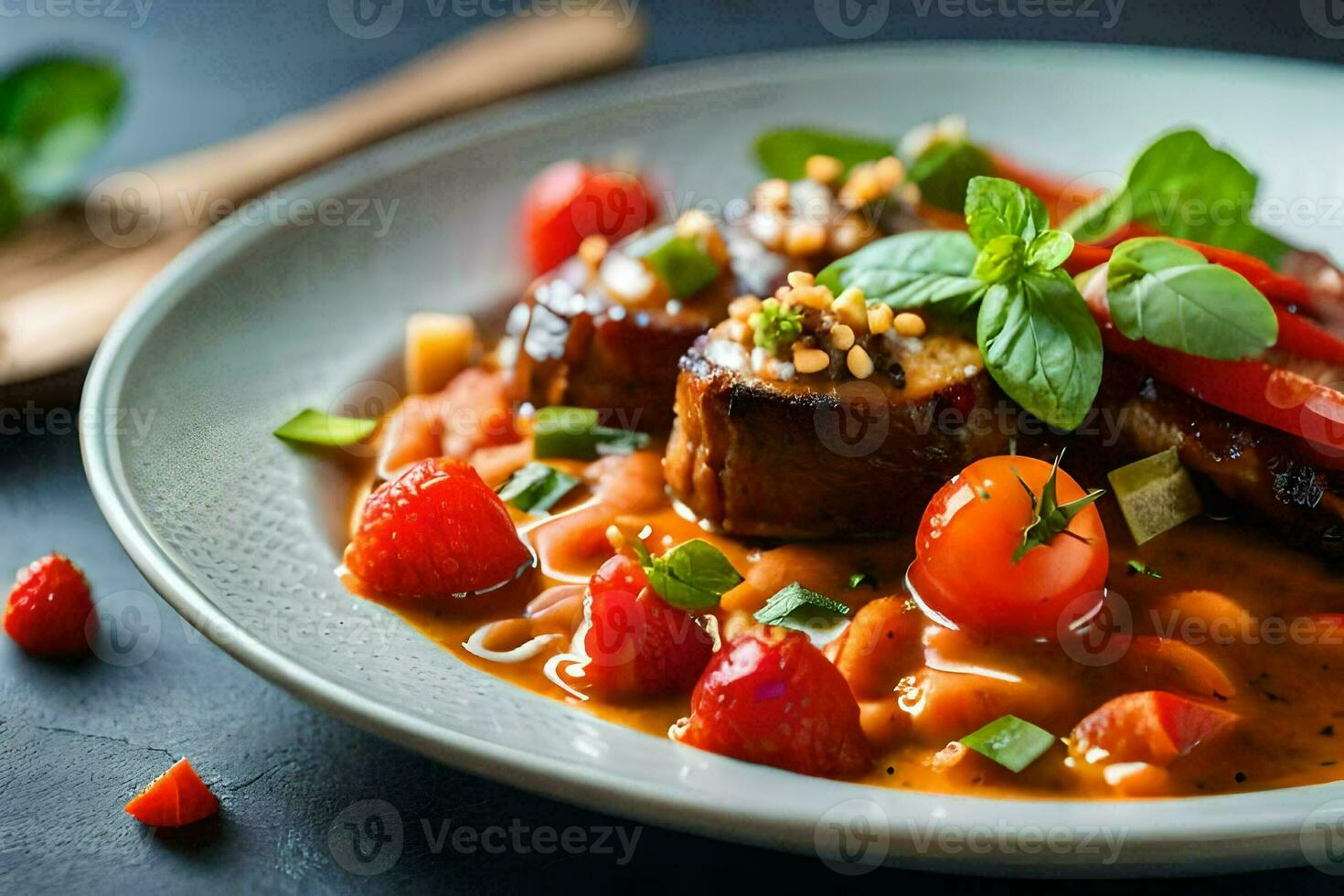 a plate of food with meat, tomatoes and basil. AI-Generated photo