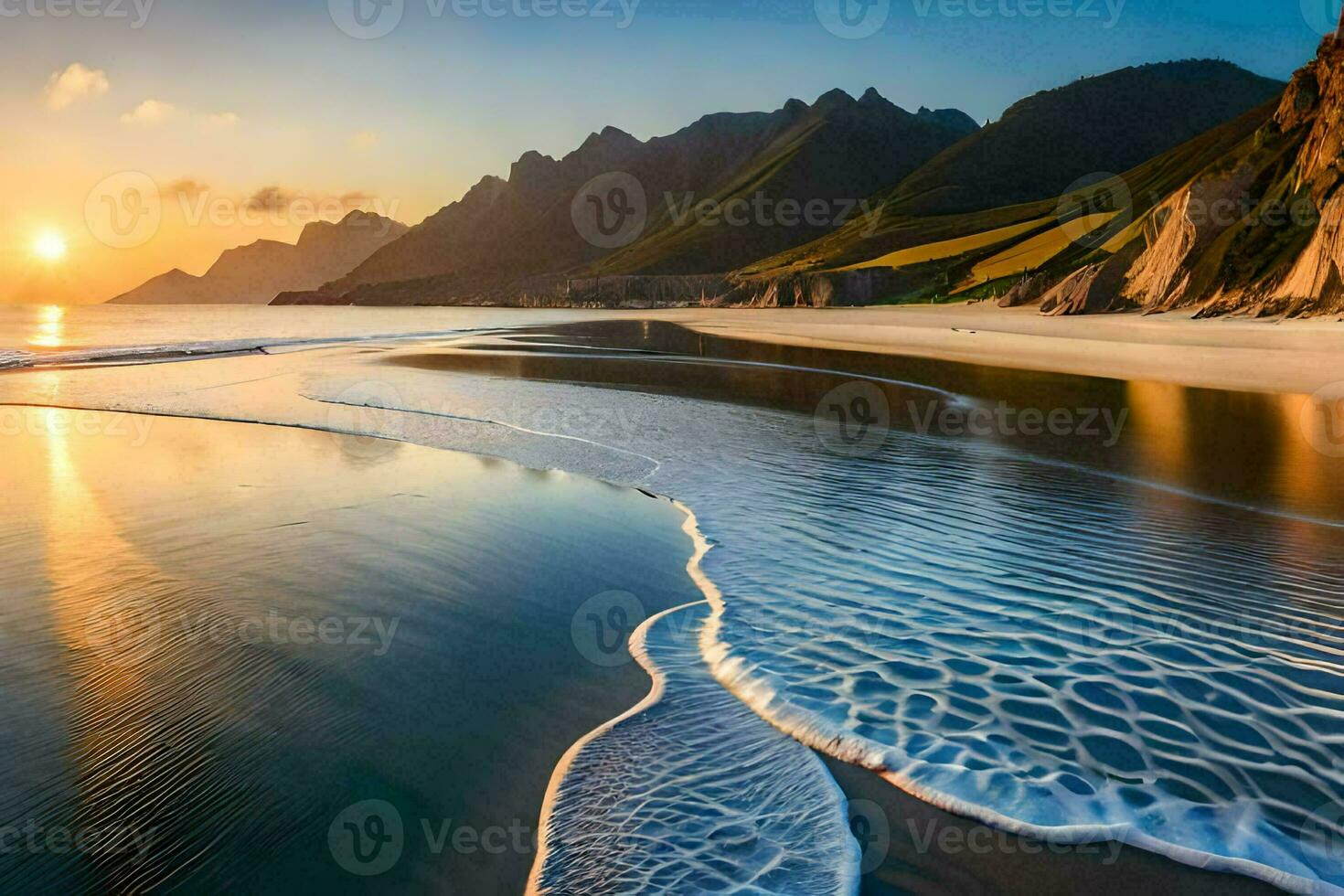 el Dom conjuntos terminado un playa y montañas. generado por ai foto