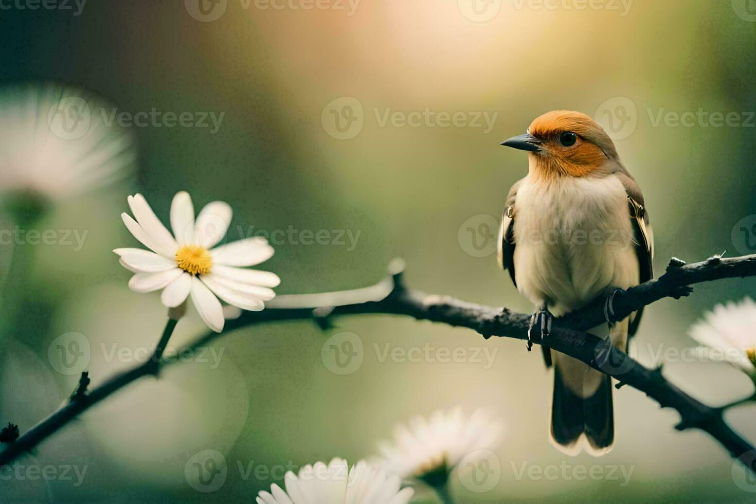 a small bird sits on a branch with white flowers. AI-Generated photo