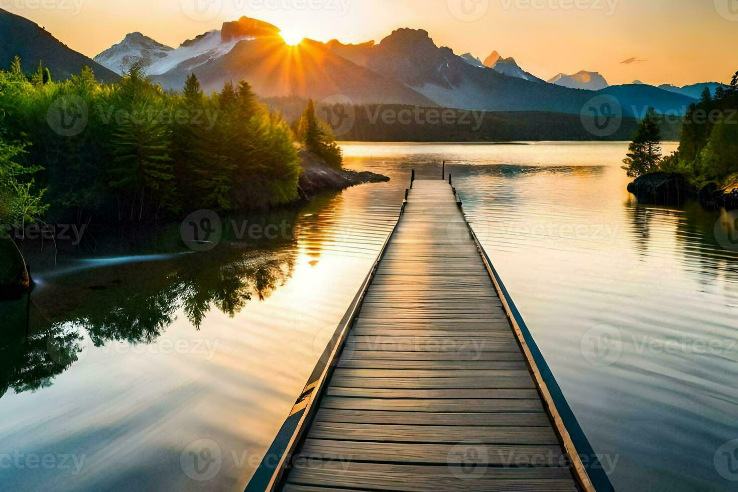 a wooden bridge over a lake at sunset. AI-Generated photo
