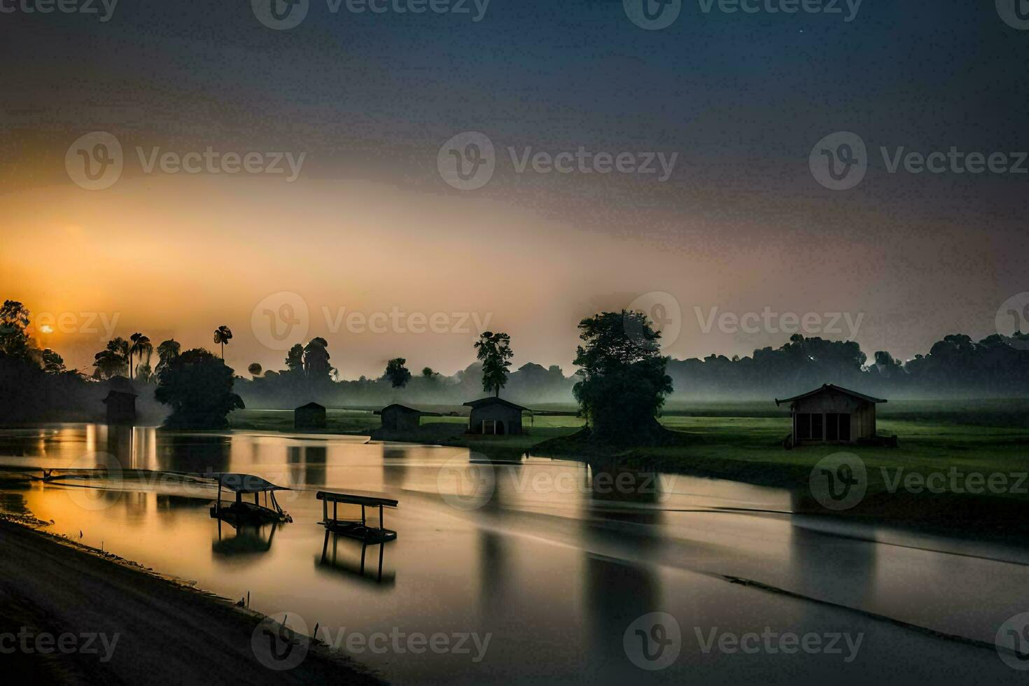 a river at sunrise with a few houses and a boat. AI-Generated photo