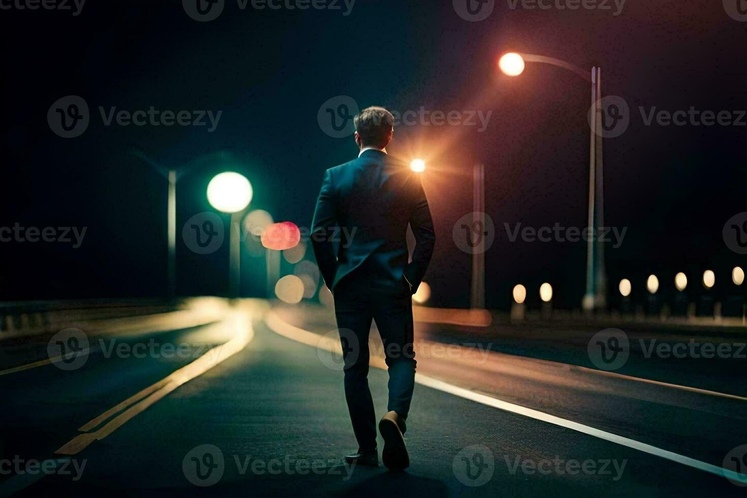 a man in a suit walks down the road at night. AI-Generated photo