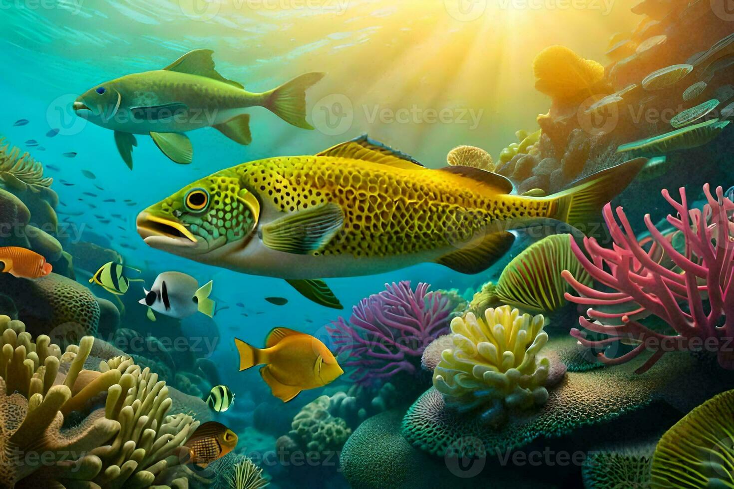 fish swimming in the ocean with coral reefs and fish. AI-Generated photo