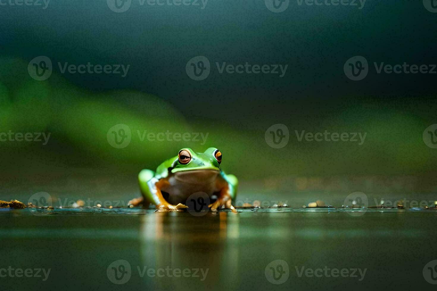 a frog sitting on the ground in the dark. AI-Generated photo