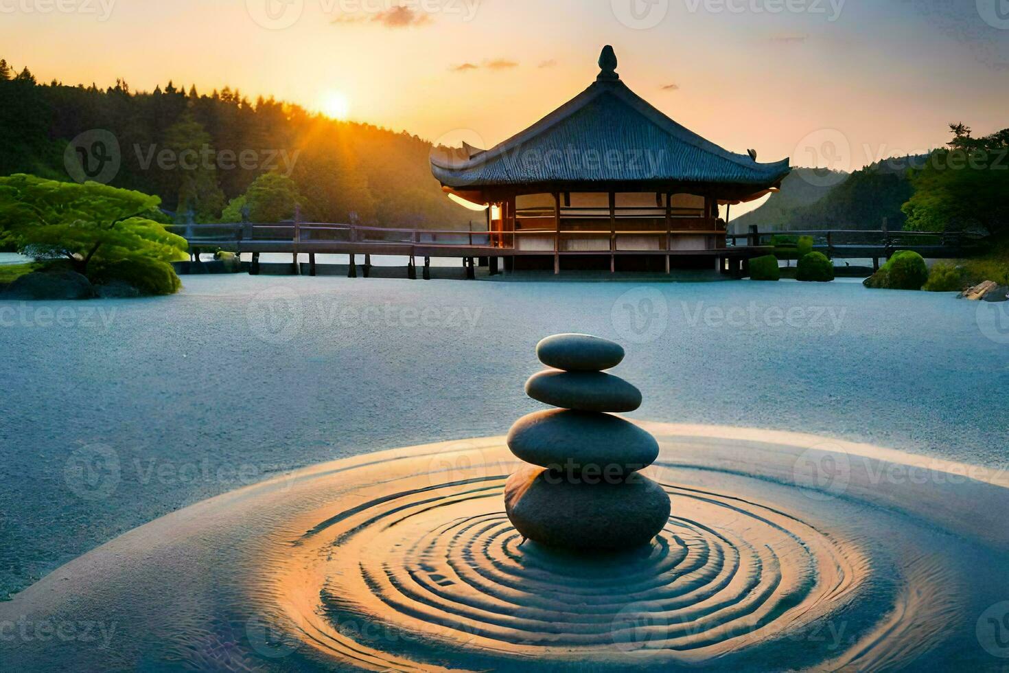 a japanese pagoda in the middle of a pond with stones. AI-Generated photo