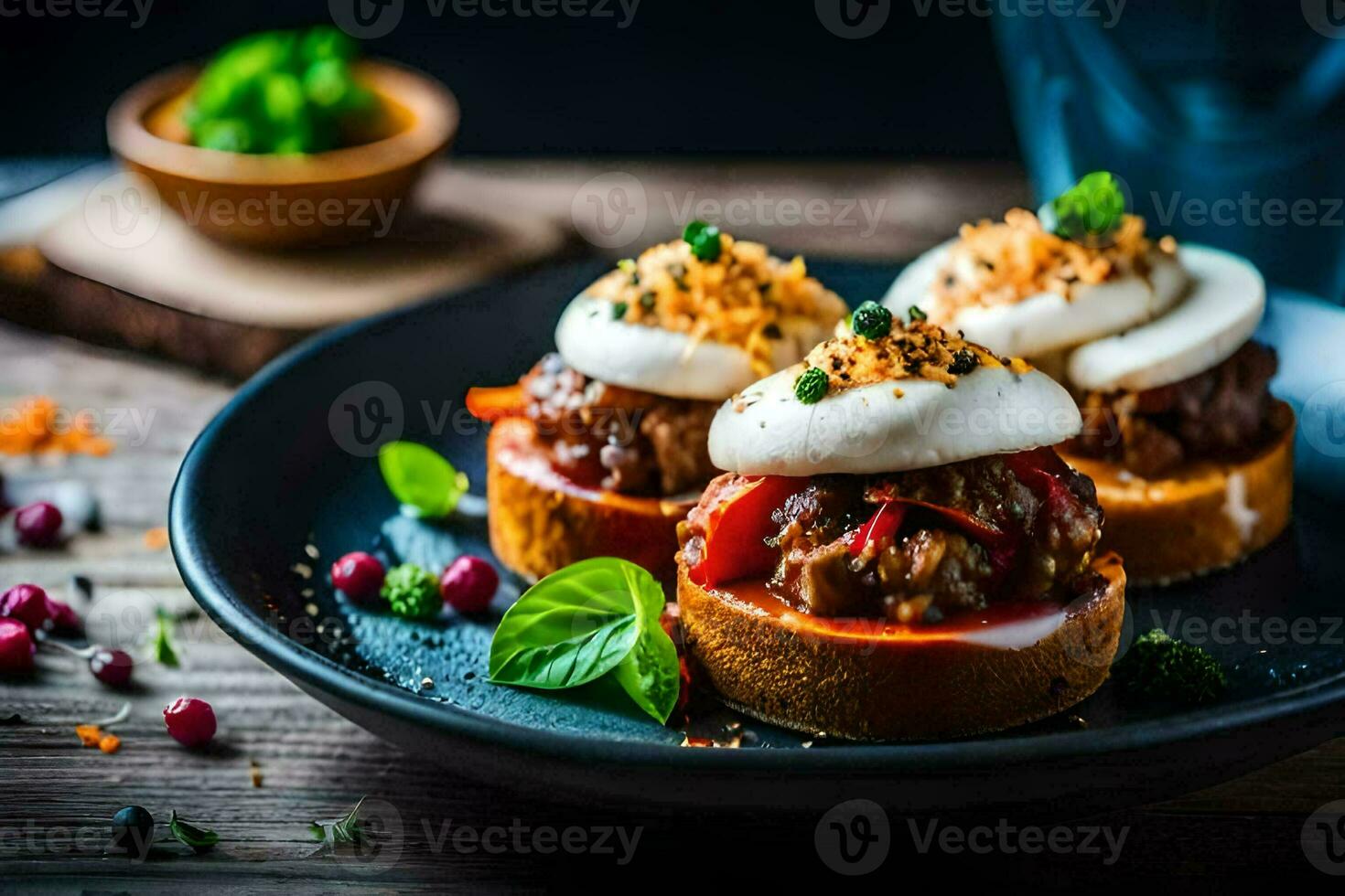 three small sandwiches with meat and vegetables on a plate. AI-Generated photo