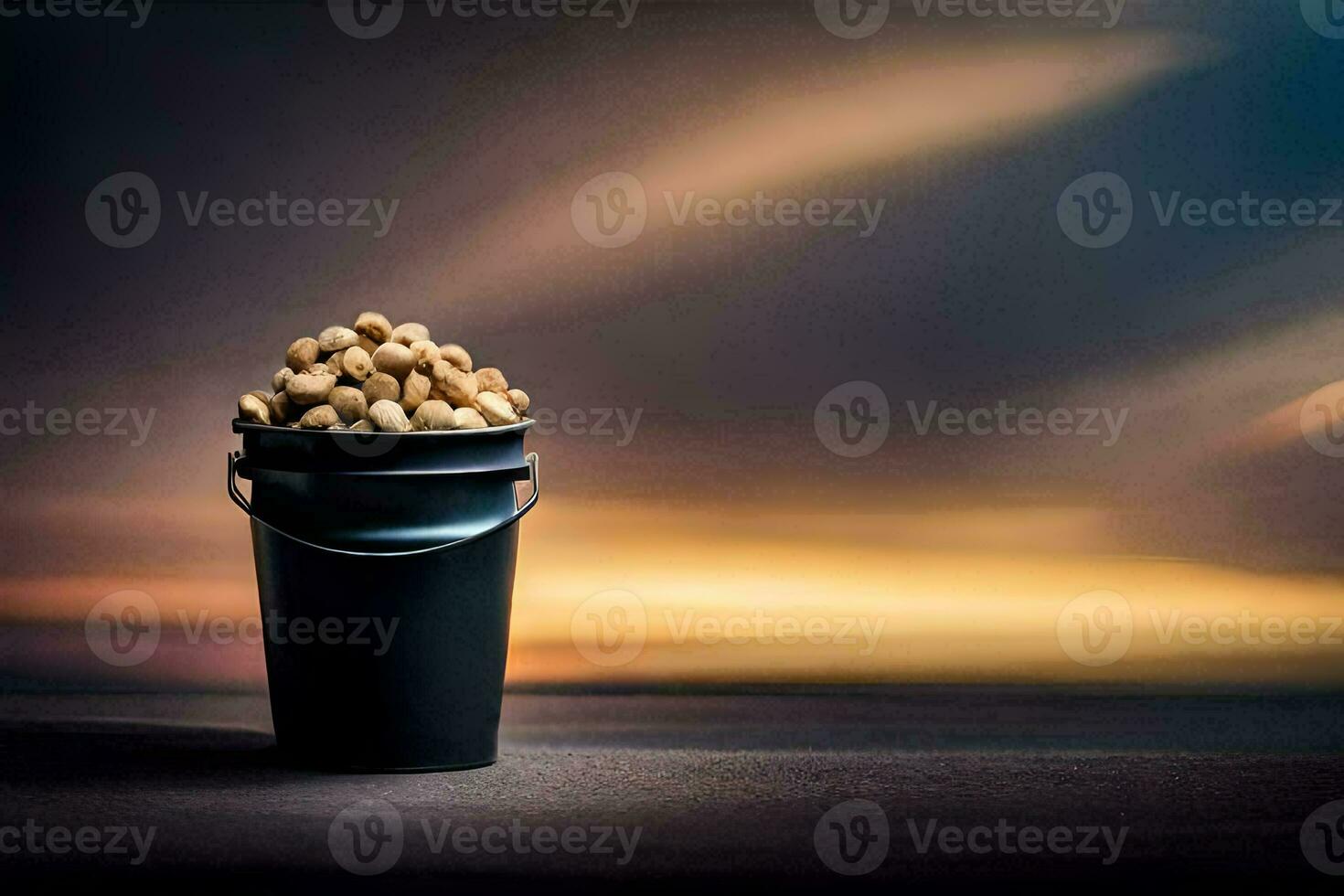 a bucket filled with peanuts on a table. AI-Generated photo
