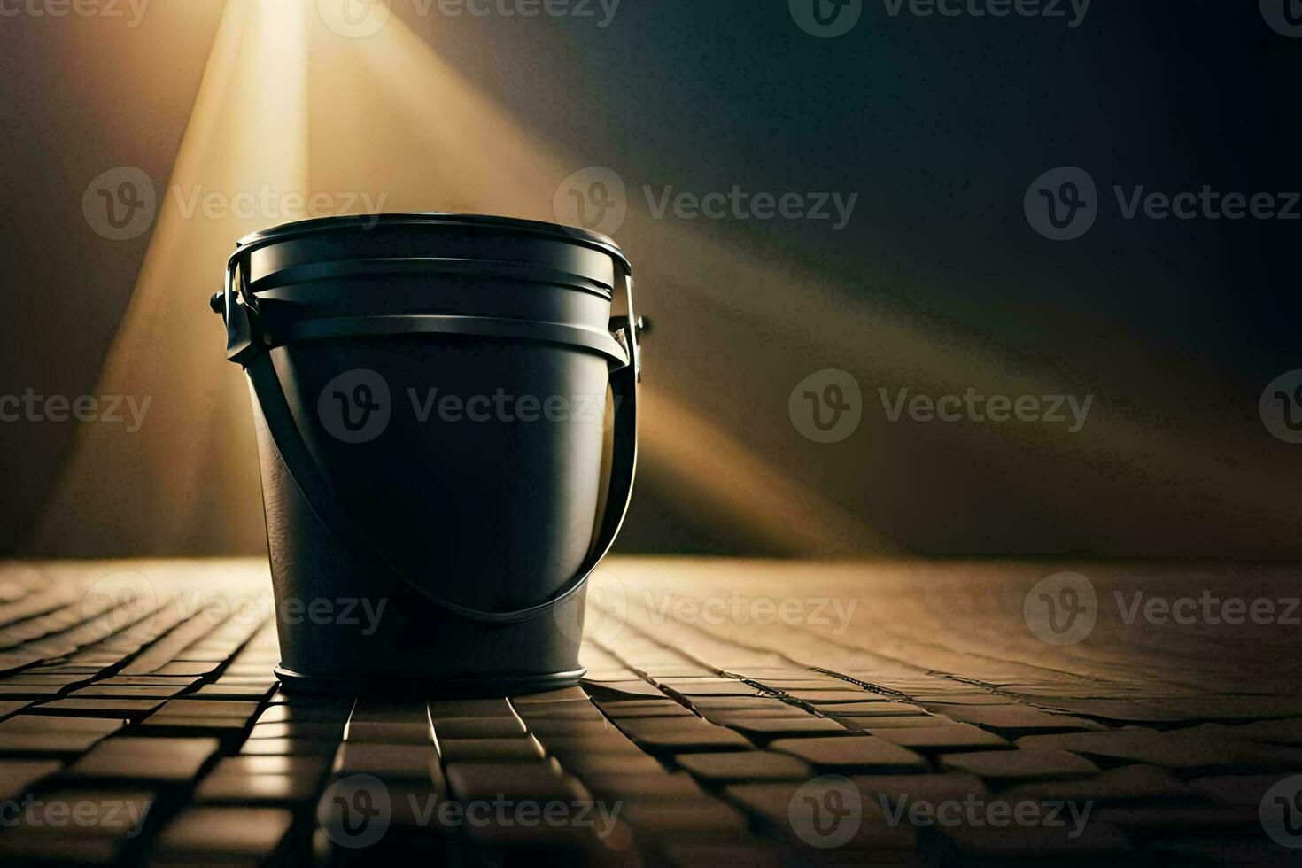 a black bucket sitting on a tiled floor. AI-Generated photo