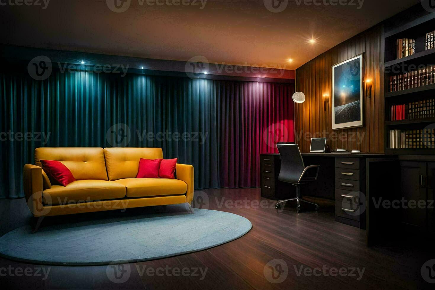 a home office with a yellow couch and a desk. AI-Generated photo