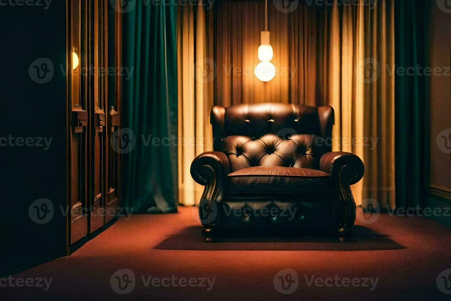 a leather chair in a dark room with curtains. AI-Generated photo