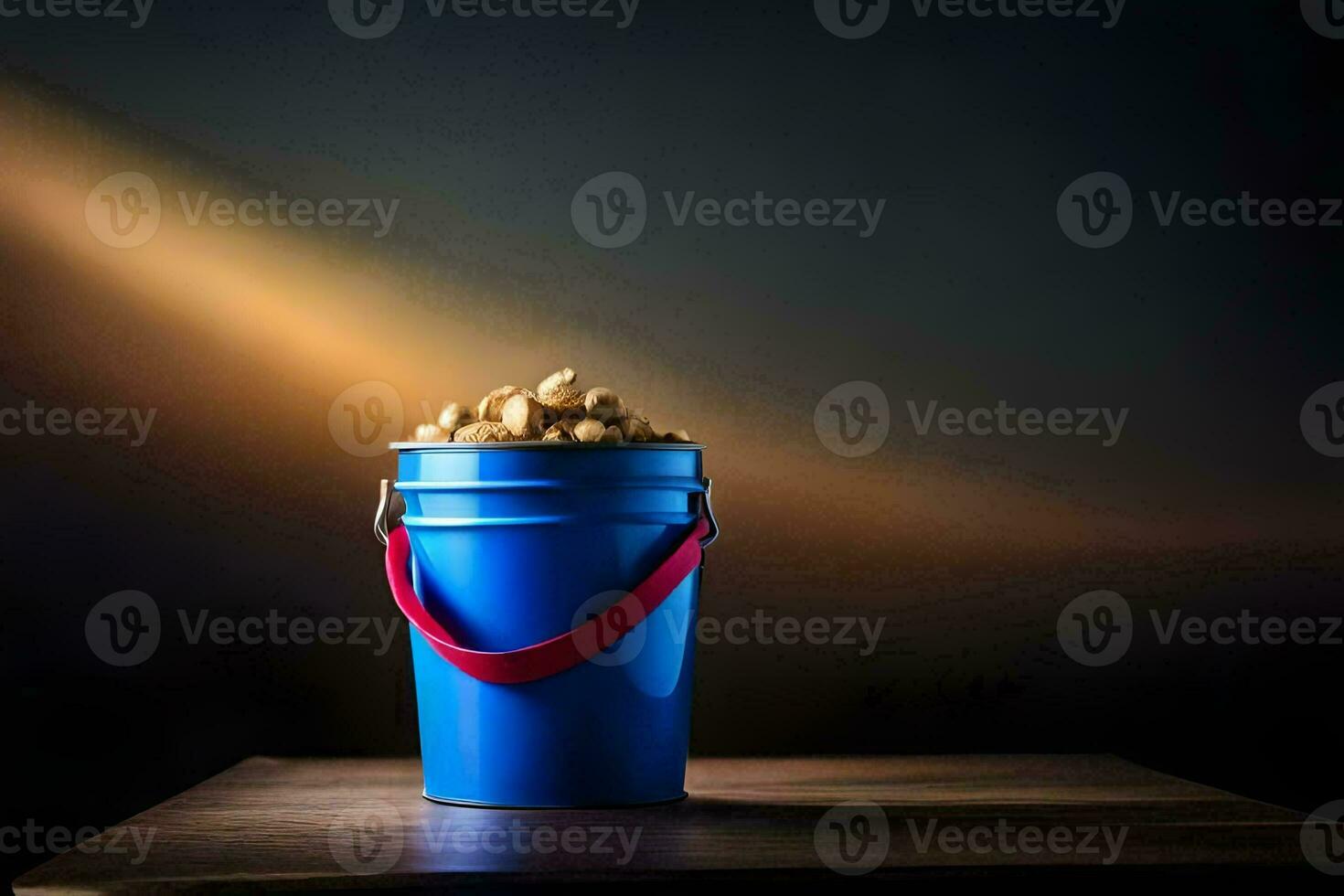 a blue bucket filled with peanuts on a wooden table. AI-Generated photo
