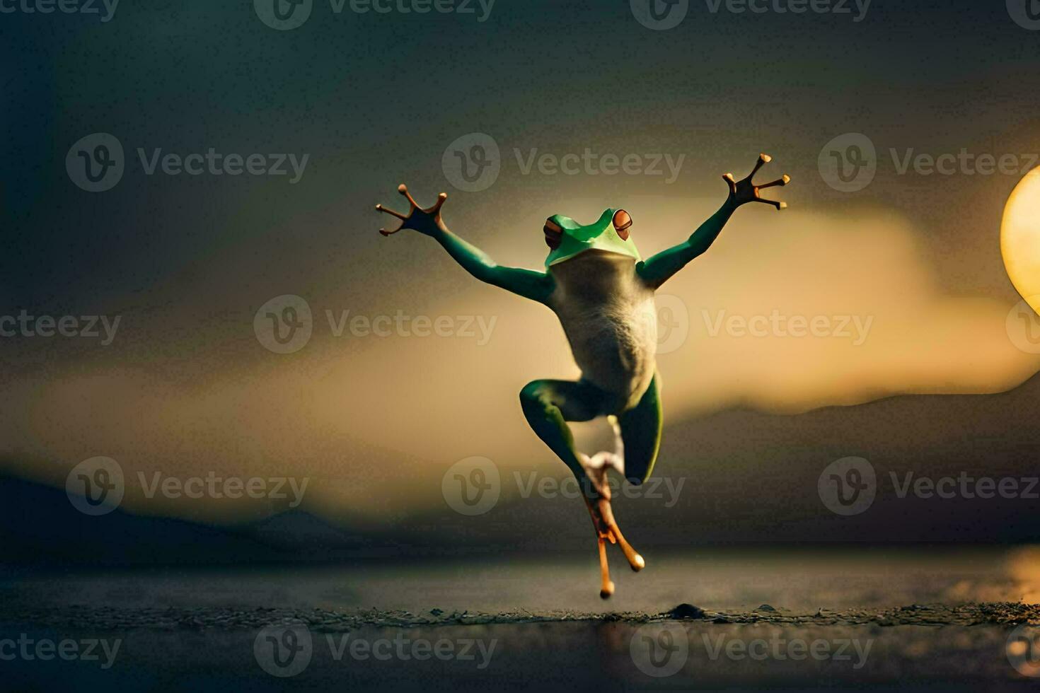a frog jumping in the air with its arms outstretched. AI-Generated photo