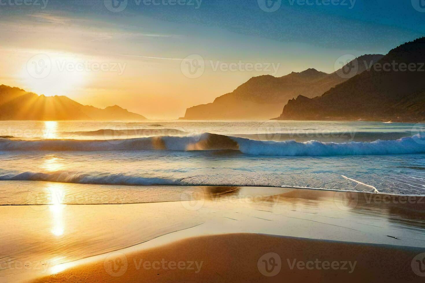 the sun rises over the ocean and mountains in this photo. AI-Generated photo