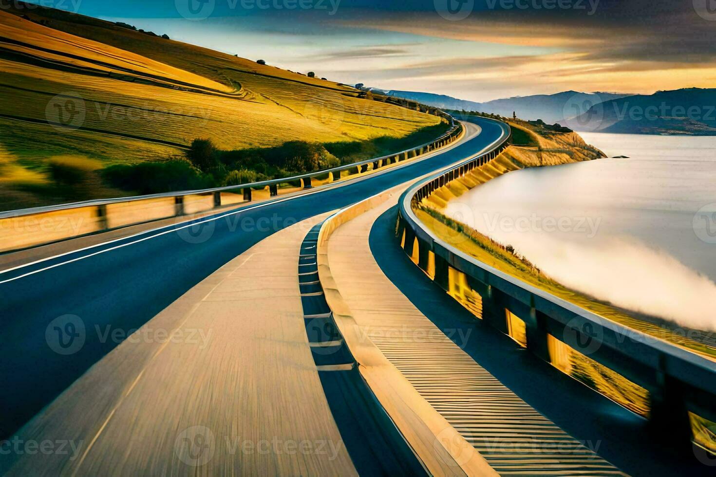 a highway with a road and water in the background. AI-Generated photo