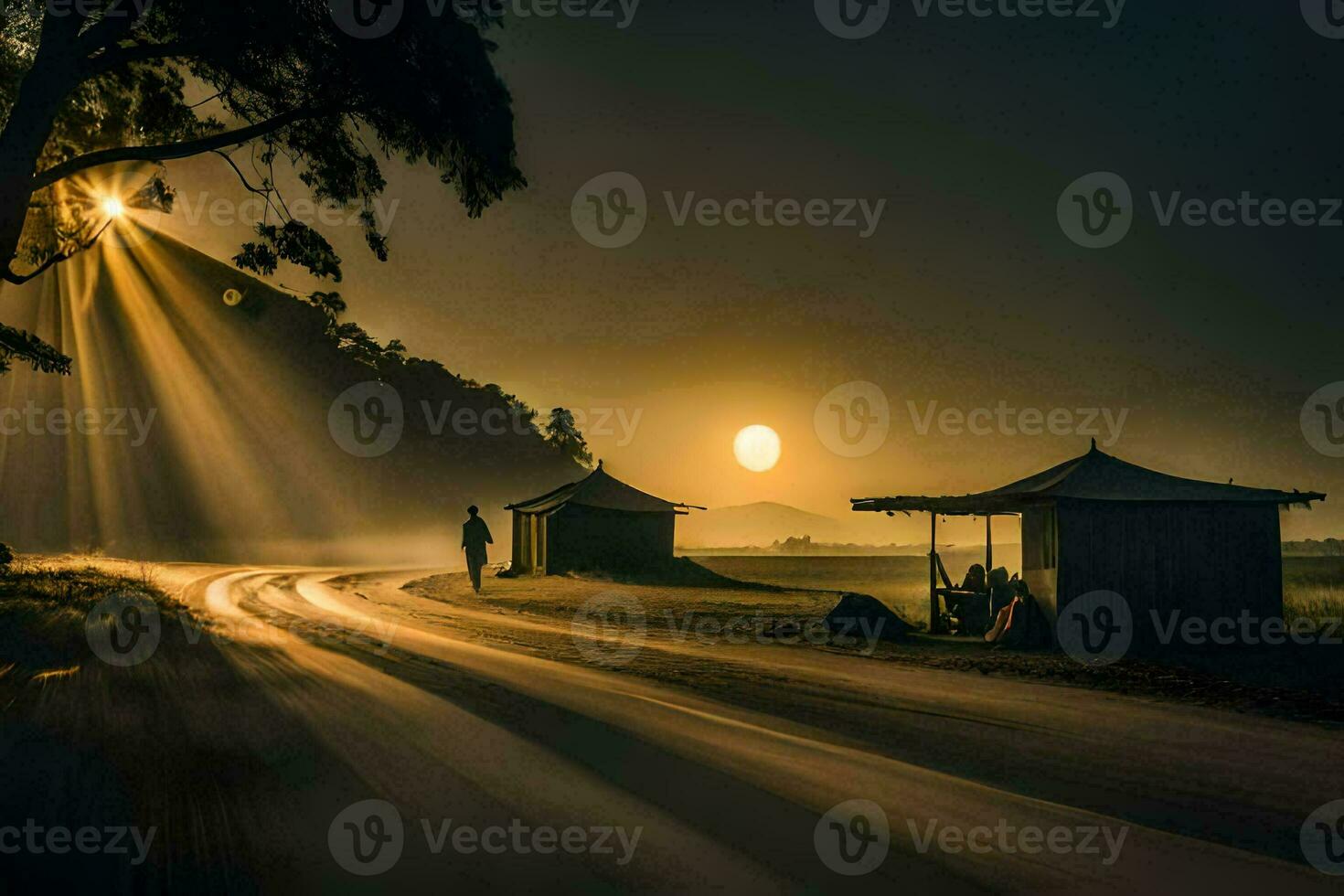 the sun is setting over a road with a hut in the distance. AI-Generated photo