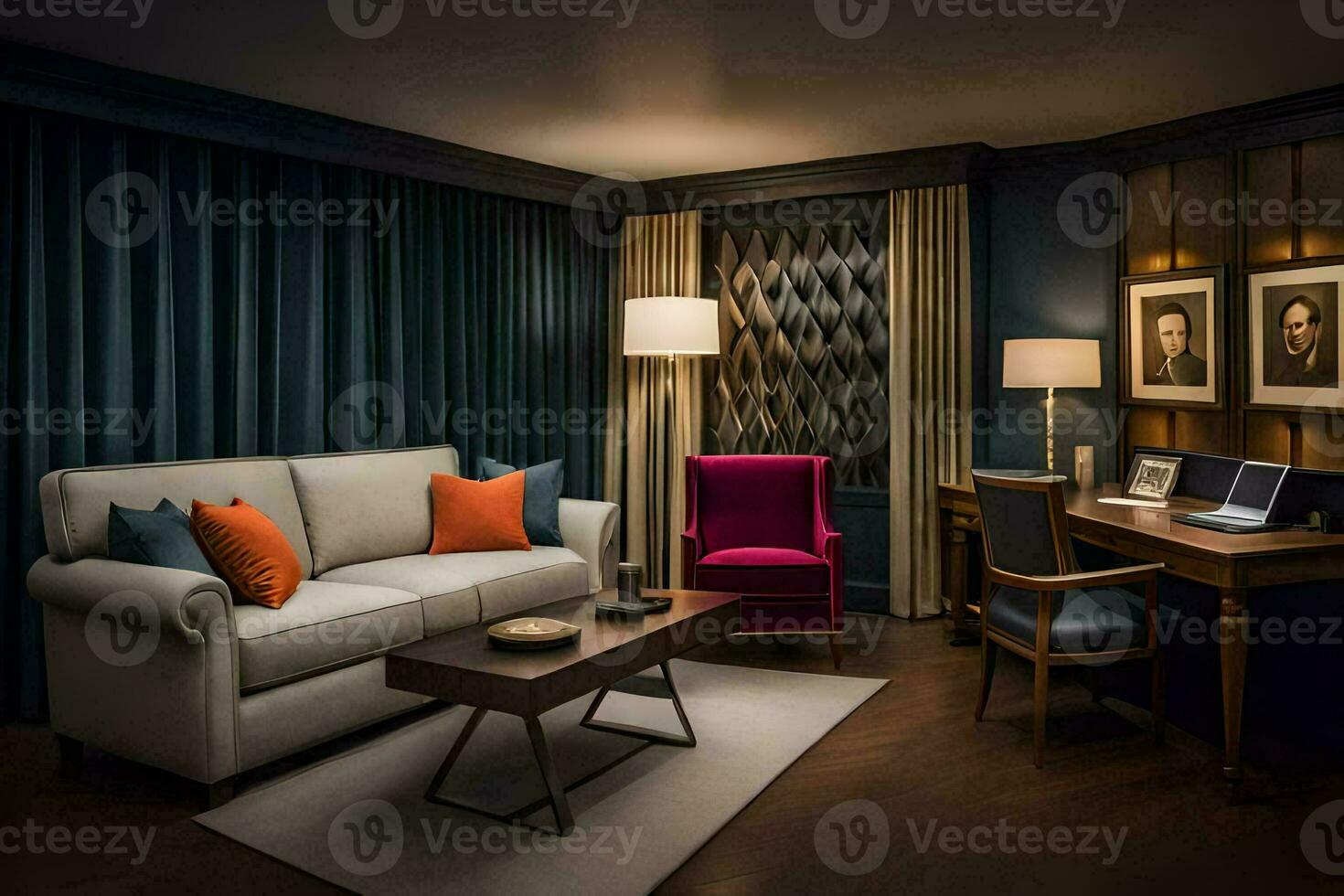 a hotel room with a couch, chair, desk and lamp. AI-Generated photo