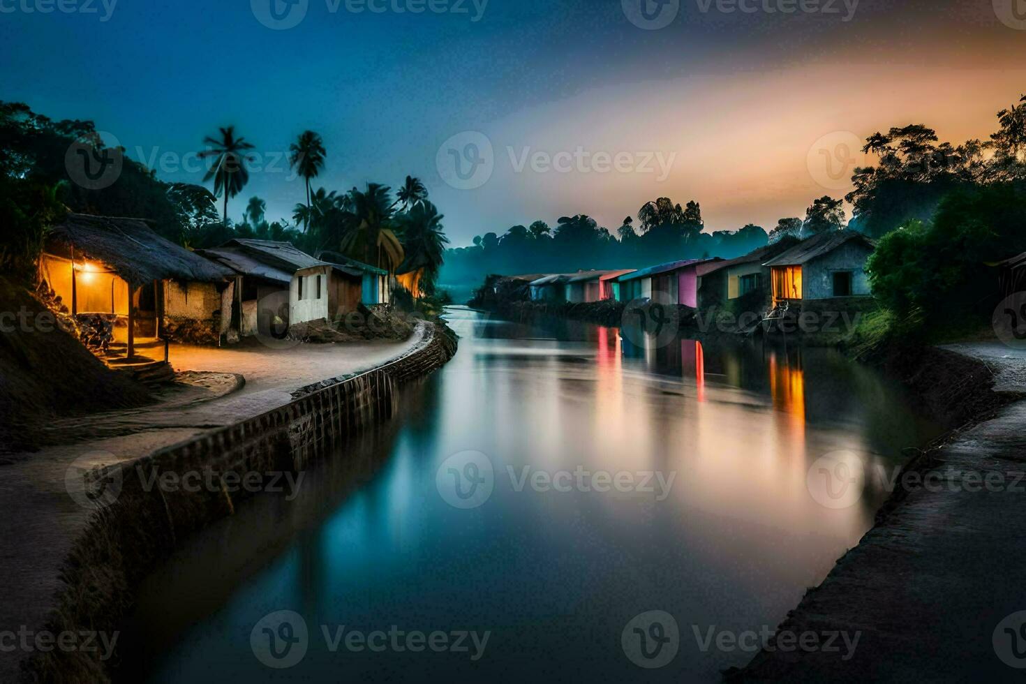 a river in the middle of a village at dusk. AI-Generated photo