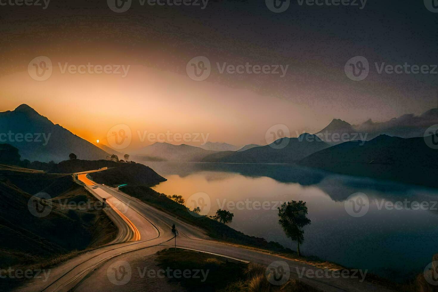 a road leading to a lake at sunset. AI-Generated photo