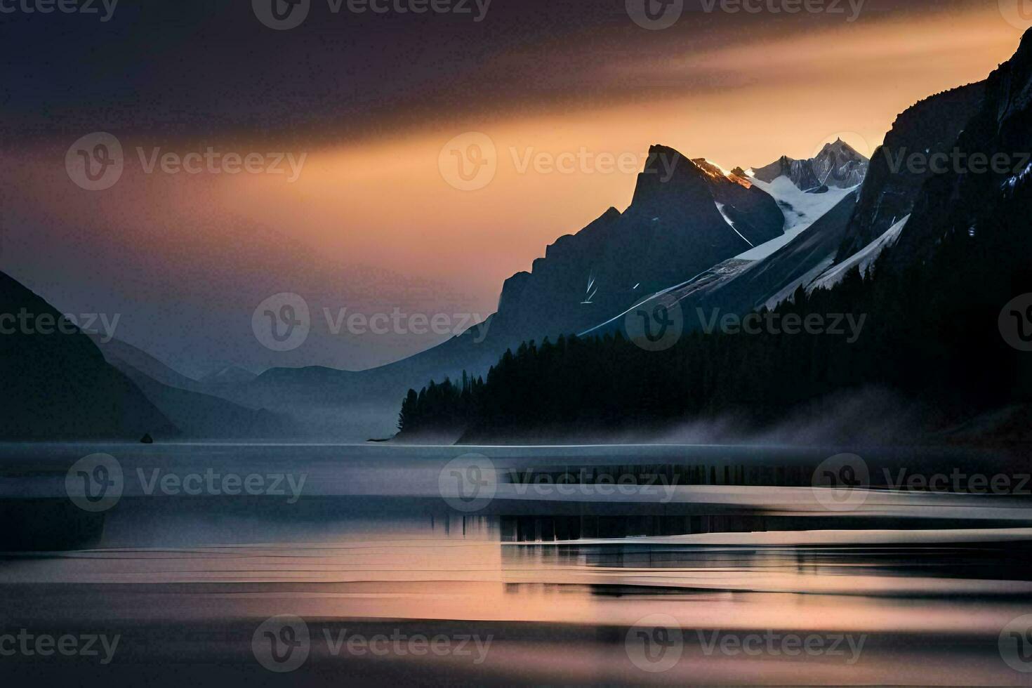 a lake and mountains are reflected in the water. AI-Generated photo