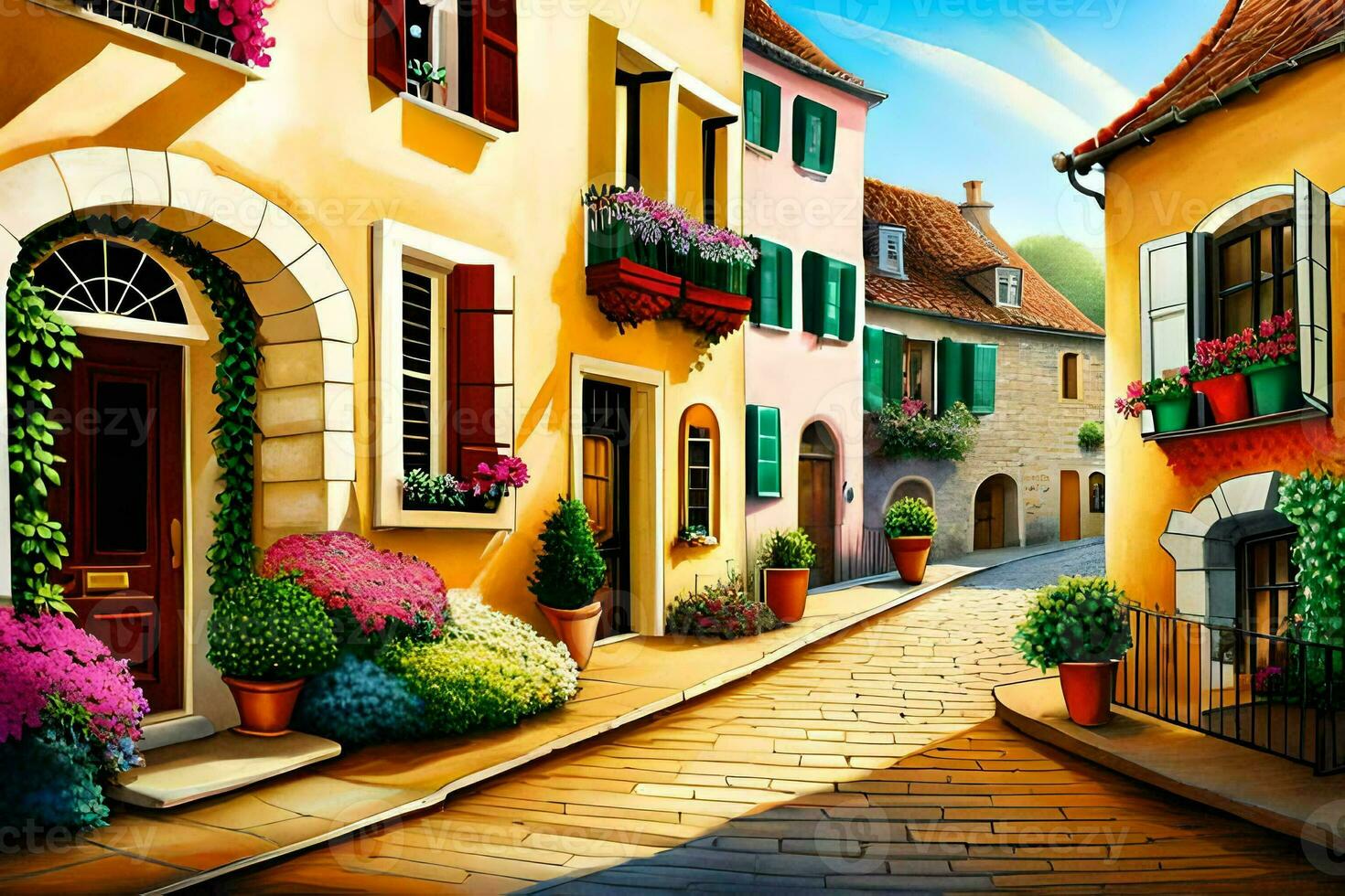 an illustration of a street in a european city. AI-Generated photo