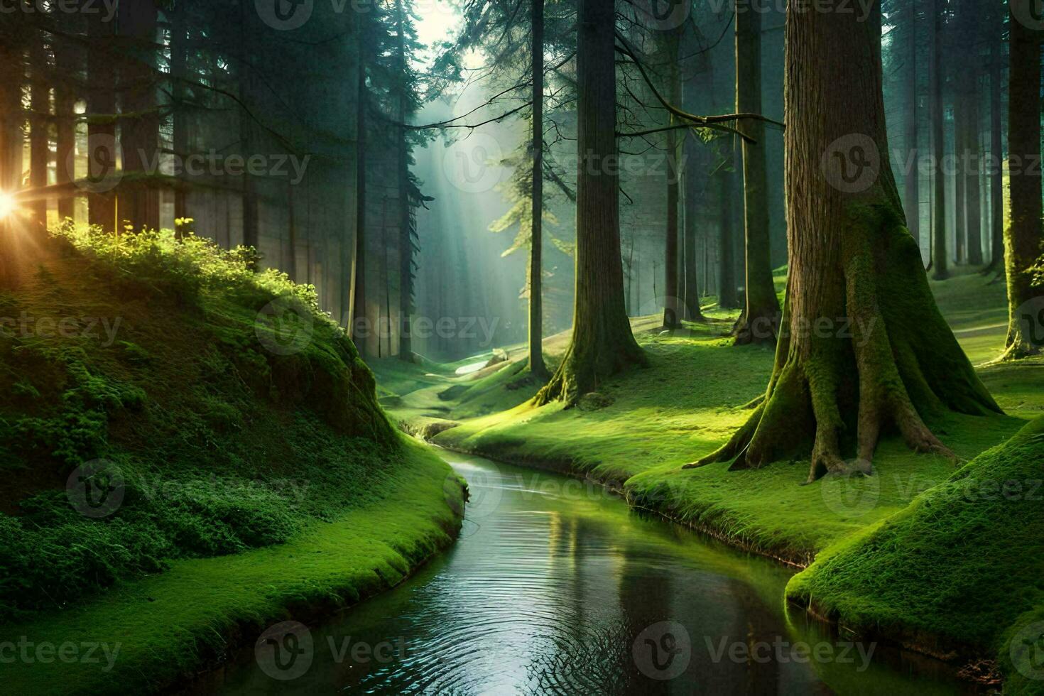 a stream runs through a forest with trees and grass. AI-Generated photo