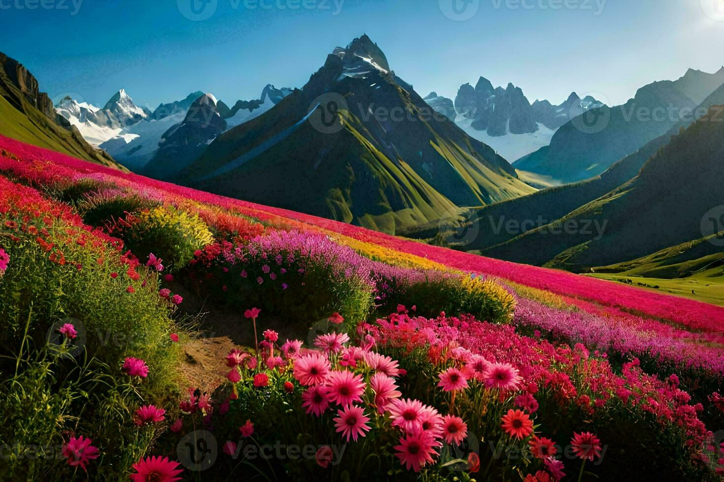 un hermosa campo de flores con montañas en el antecedentes. generado por ai foto