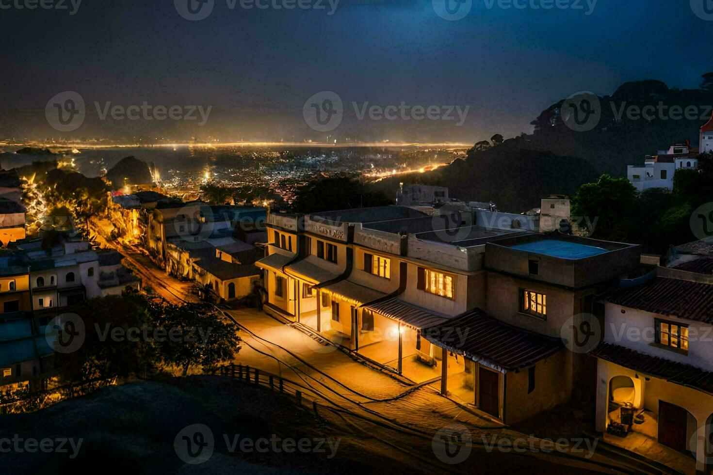a city at night with lights on the buildings. AI-Generated photo