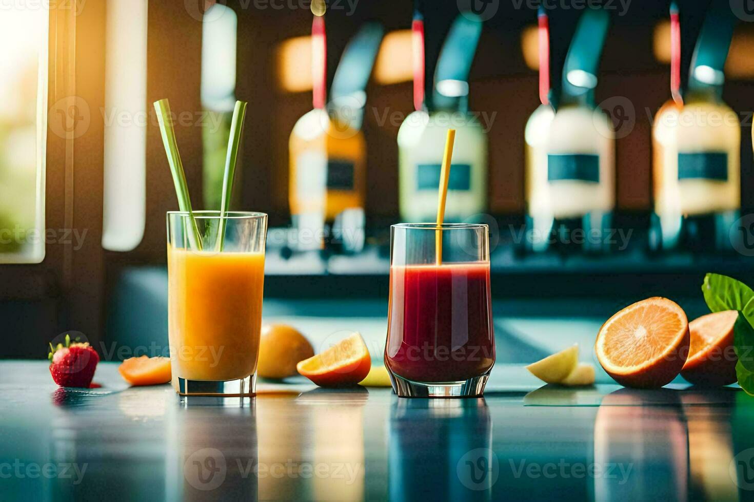 fresh fruit juice and juice in glass on counter. AI-Generated photo