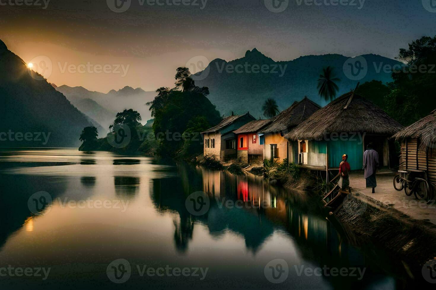 un río en el montañas con casas y gente. generado por ai foto