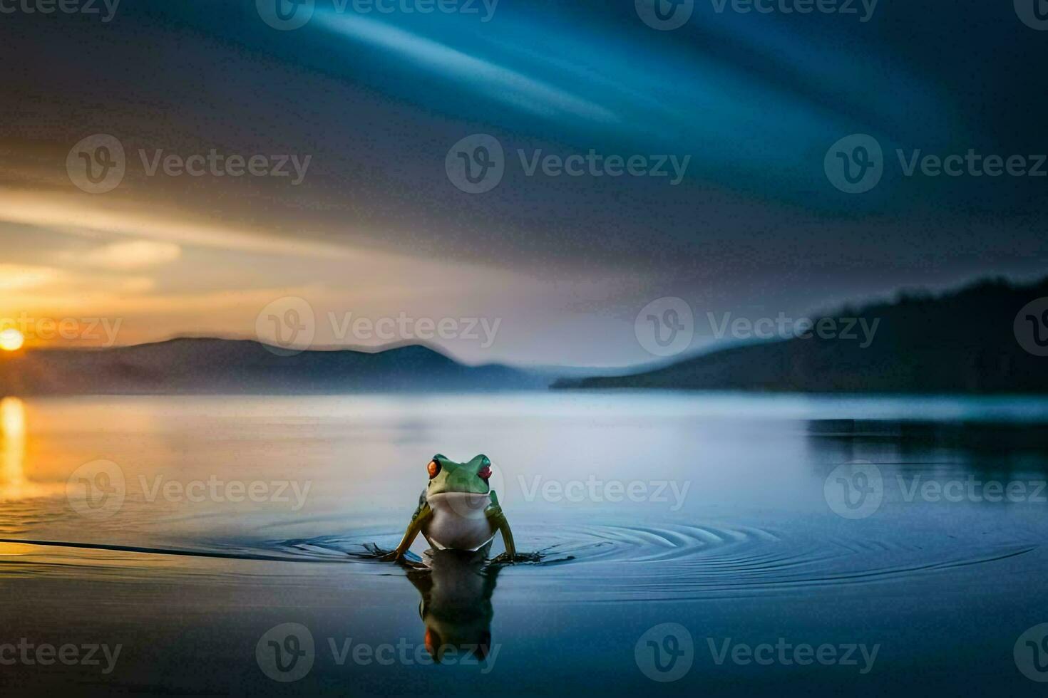 a frog standing in the water at sunset. AI-Generated photo