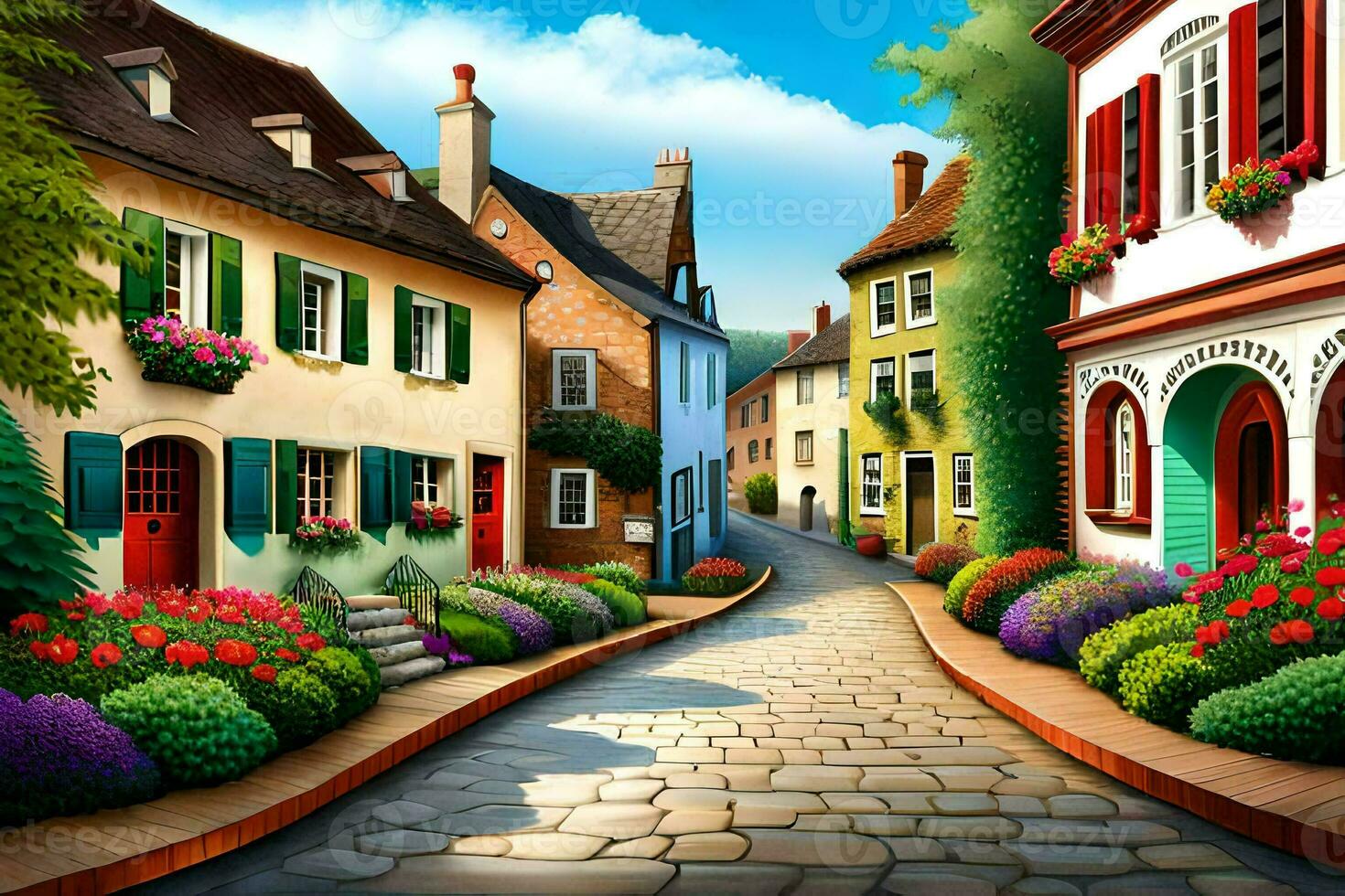 an illustration of a street in a town with flowers and flowers. AI-Generated photo