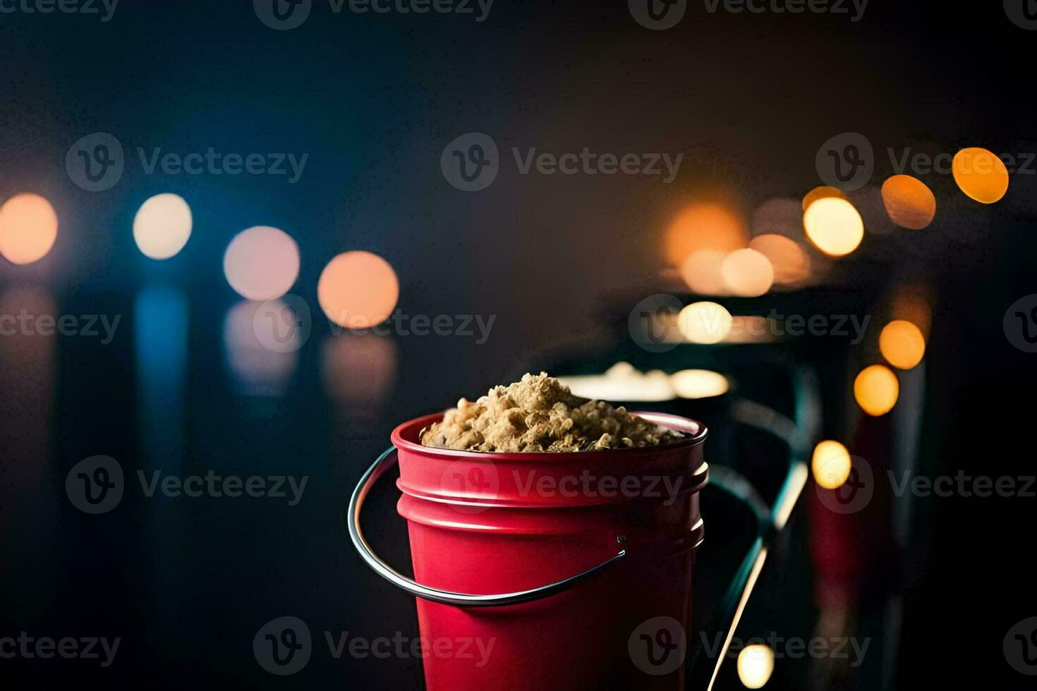 a bucket of sand sits on a table in front of a lighted background. AI-Generated photo