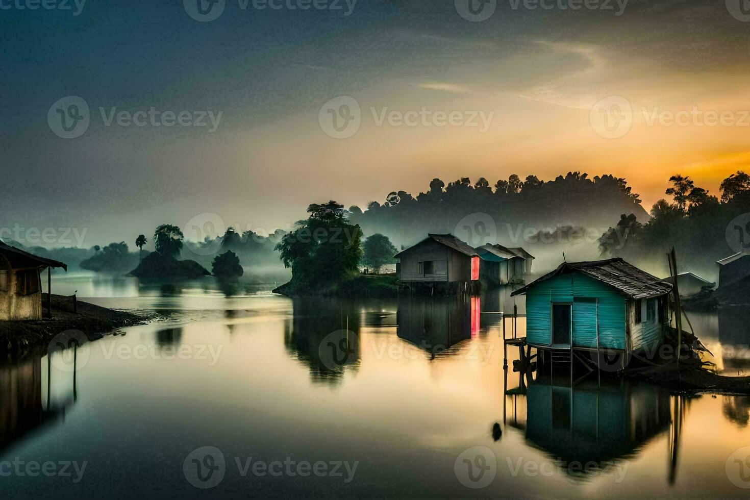 houses on the water at sunrise. AI-Generated photo